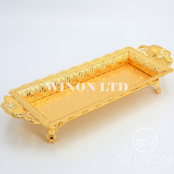 golden plated 17"rectanglar tray with leg(handle/flower C)