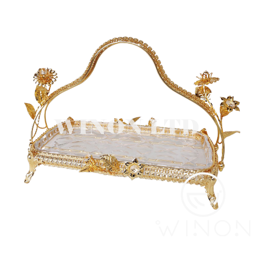 Golden plated rectangle glass fruit plate with handle