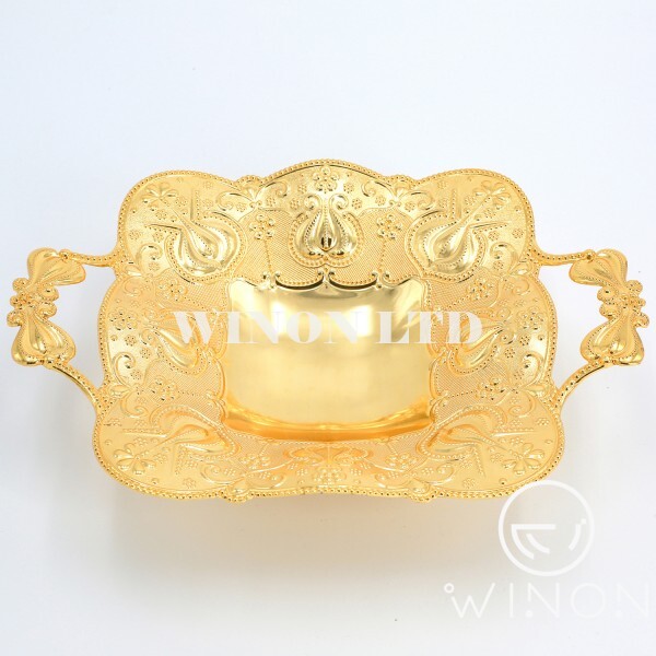 golden plated 9"square tray with leg(with handle)