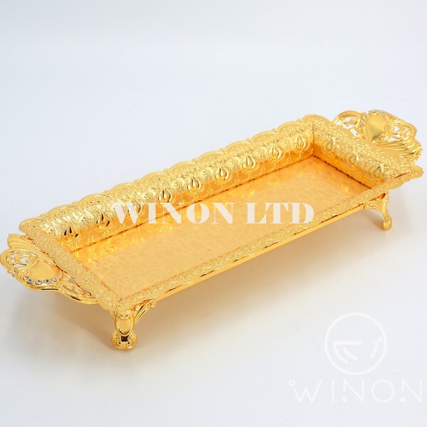 golden plated 12"rectanglar tray with leg(handle/flower C)