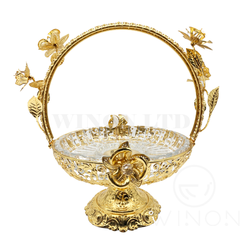 Golden plated fruit basket with handle and base