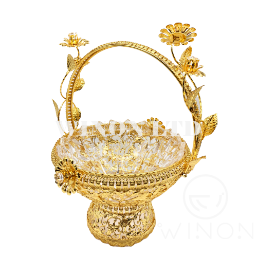 Golden plated glass fruit bowl with handle and base